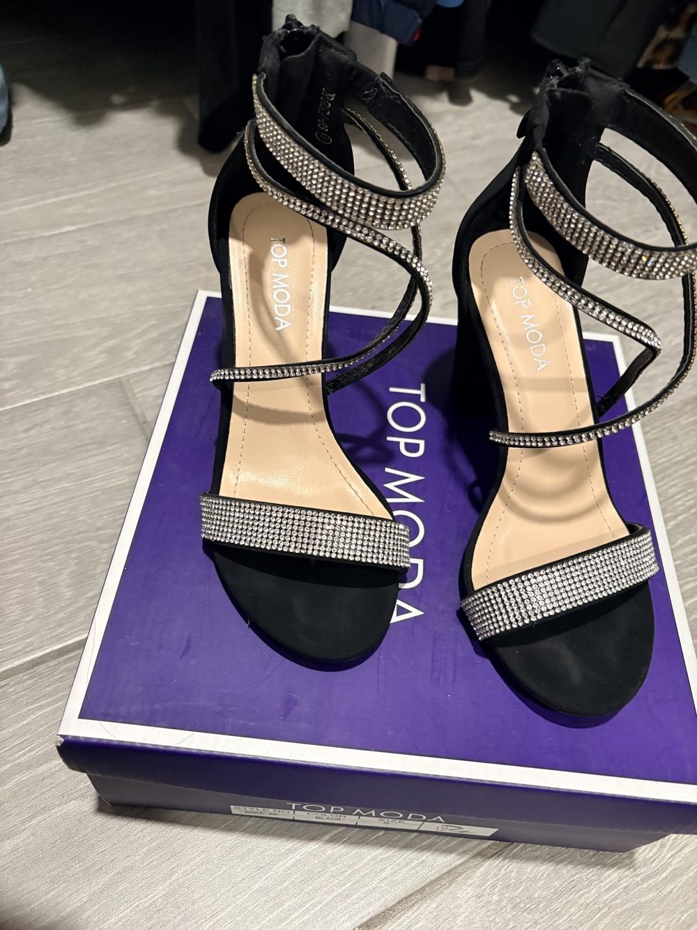 TOP Moda Black Strappy Rhinestone Ankle-Heel Sandals